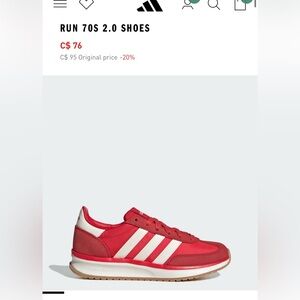 Adidas Women’s Red Run 70s Classic Sneaker with White Stripes size 8.5